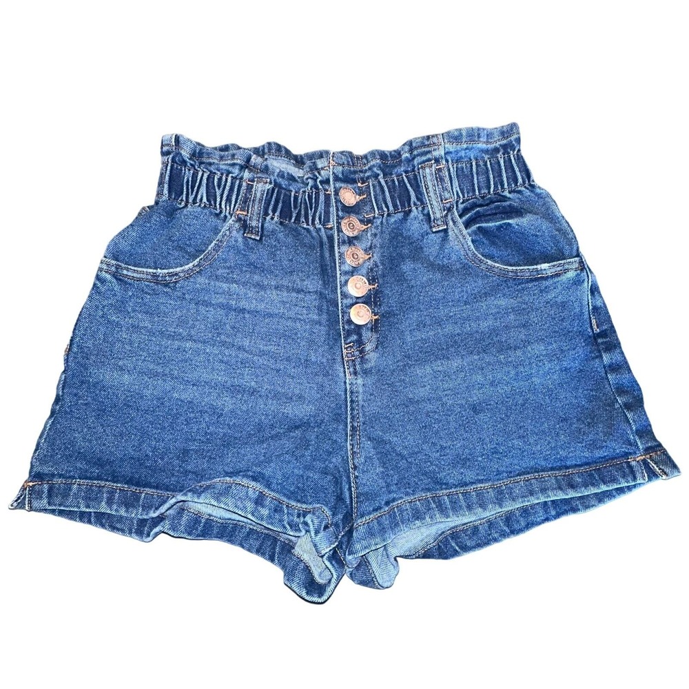 Wild Fable Denim Shorts M Blue High Rise Paperbag Waist Button Fly Stretch